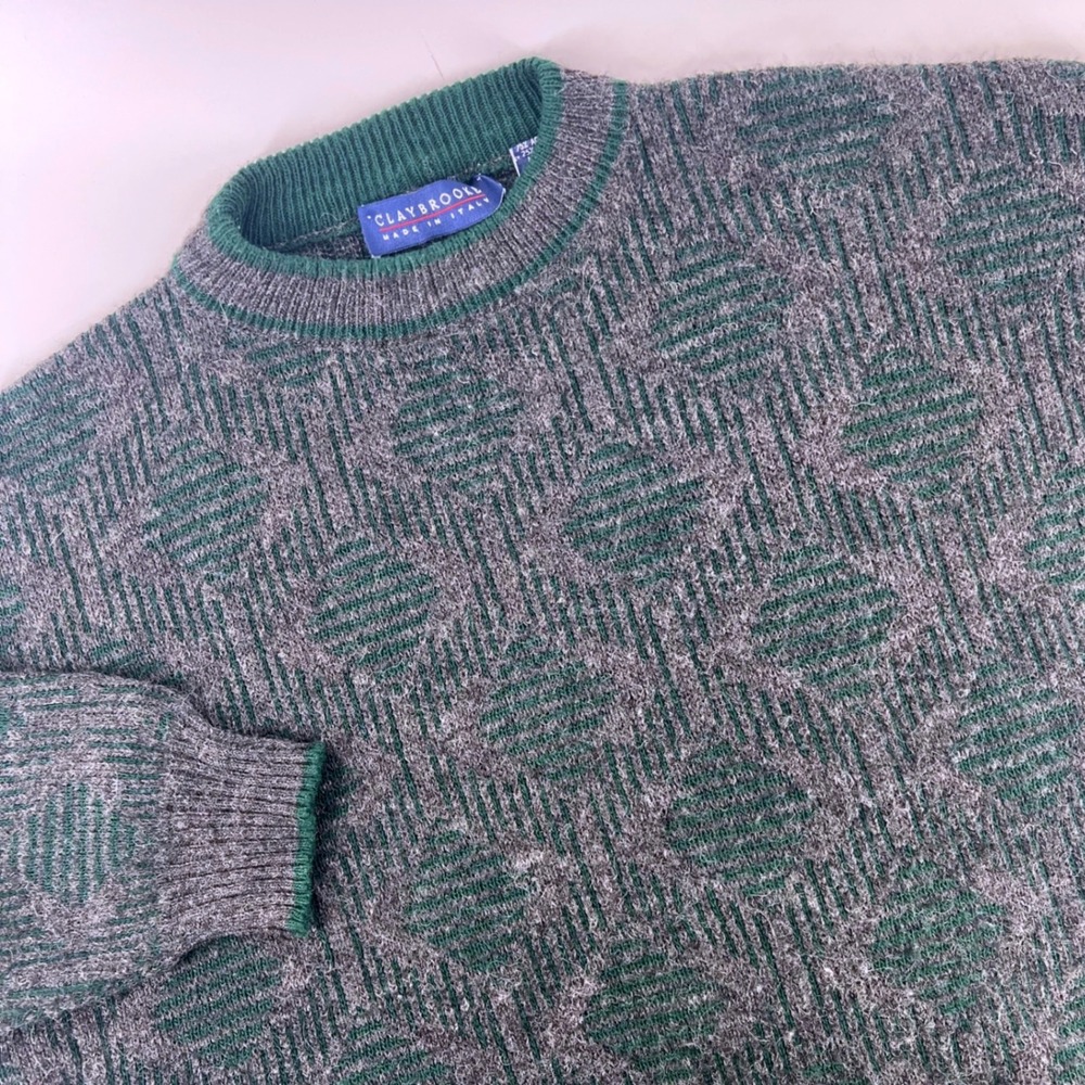 Vintage Claybrooke Italy Wool Blend Geometric Knit Sweater Mens Large